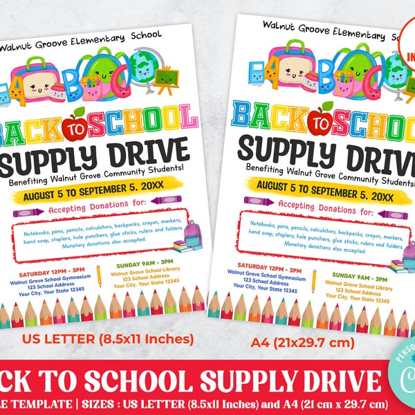 Back to School Supply Drive Flyer, PTO PTA School Flyer, School Drive Template, Supply Drive Flyer, School Supplies,  Instant Download