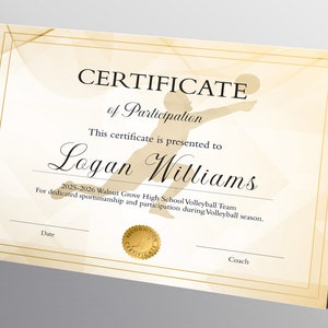 Editable Volleyball Certificates For Boys, Volleyball Award, Custom Volleyball Award