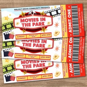 Editable Movies In The Park Ticket, Community Benefit Fundraiser, Outdoor Movies in the Park Ticket, Printable Invitation Ticket