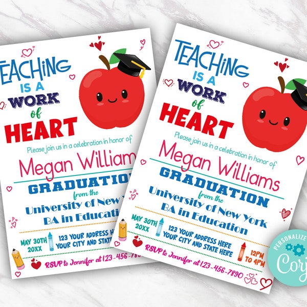 Teacher Graduation Invitation Template, Editable Teacher Graduation Announcement, Teaching is a Work of Heart