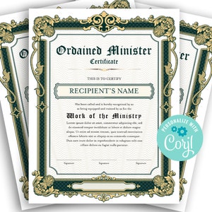 Certificate of Ordination Minister Editable Template Portrait Orientation, Green and Gold DIY Editable Ministry Certificate