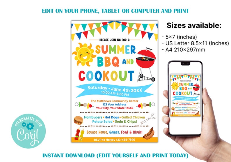Editable Summer BBQ and Cookout Party Invitation, Summer Barbeque Picnic Invite, Picnic Party Template, BBQ Cookout Party, Instant Download