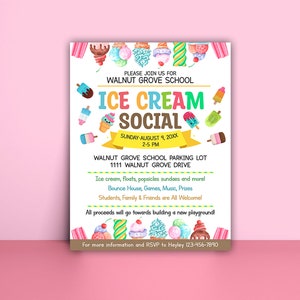 EDITABLE Ice Cream Social Flyer, Summer Ice Cream Party, Watercolor Flyer Template, Church School PTA PTO Flyer image 3
