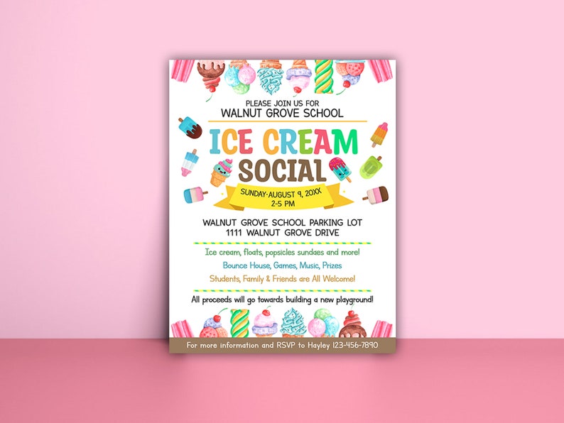 EDITABLE Ice Cream Social Flyer, Summer Ice Cream Party, Watercolor Flyer Template, Church School PTA PTO Flyer image 3