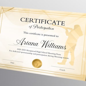 Editable Shooting Certificate Template for Girls, DIY Marksmanship Participation Award Printable Certificate