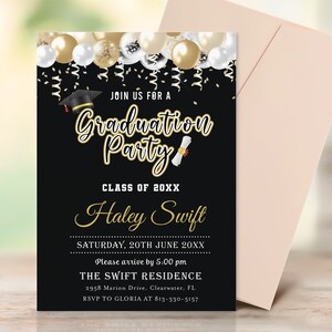 Printable Graduation Party Invitation 2023, Black Gold Grad Party Invites EDITABLE