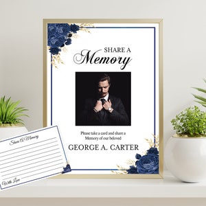 Funeral Share a Memory Card and Sign, Editable Blue Rose Funeral Template, Funeral Keepsake