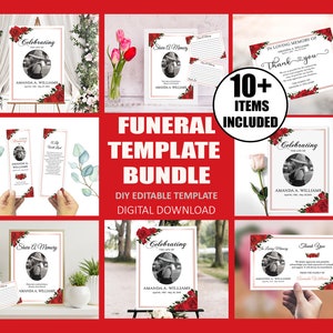 10 Piece  Red Rose Funeral Program Template for Woman Bundle | Thank You Card | Funeral Sign | Funeral Share A Memory | Funeral Bookmark