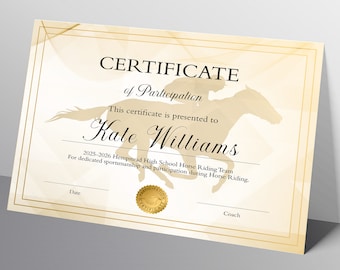 Equestrian Award Template, Horse Riding Certificate, Horseback Riding Certificate, Horse Ride Certificate, Printable Award