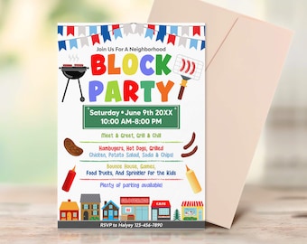 Editable Block Party Flyer Template, BBQ Community Party Invite, Neighborhood Barbecue Party Invitation, Neighborhood Cookout Invite