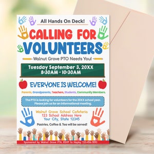 Volunteer Recruitment Flyer, PTO PTA Volunteer Flyer Template, Calling for Volunteers, PTA Meeting Flyer, Instant Download