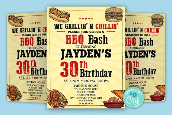 Editable Barbeque Invitation, 30th Birthday Invite bbq Party, Printable BBQ Invites, Backyard Party Barbeque Il_570xn