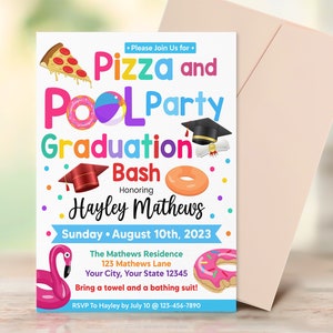 Editable Pizza and Pool Party Graduation Bash Invitation, Grad Party, Pizza Party, End of School Party, Summer Backyard Grad Pool Party