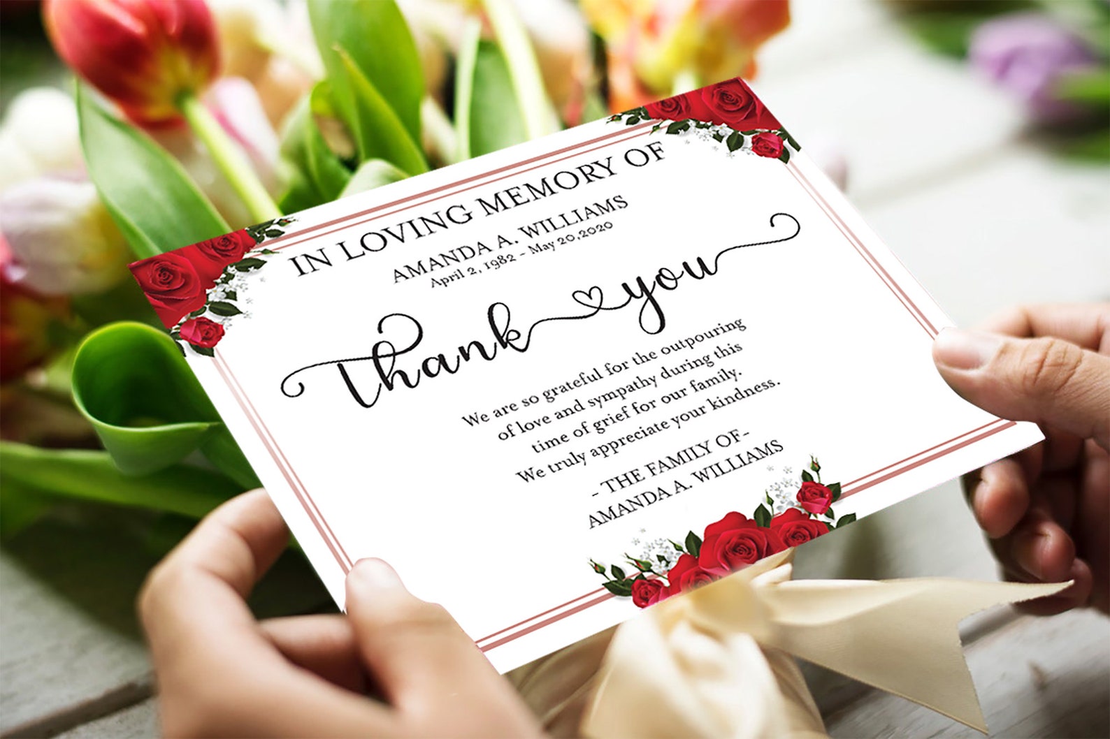 Sympathy Thank You Card, Red Rose Funeral Thank You Card Template ...
