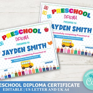 Editable Preschool Certificate Template, Preschool Diploma Template ...
