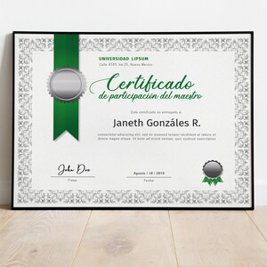 May include: A green and silver certificate of participation for Janeth Gonz&aacute;les R. from Universidad Lipsun. The certificate is dated August 20, 2019.