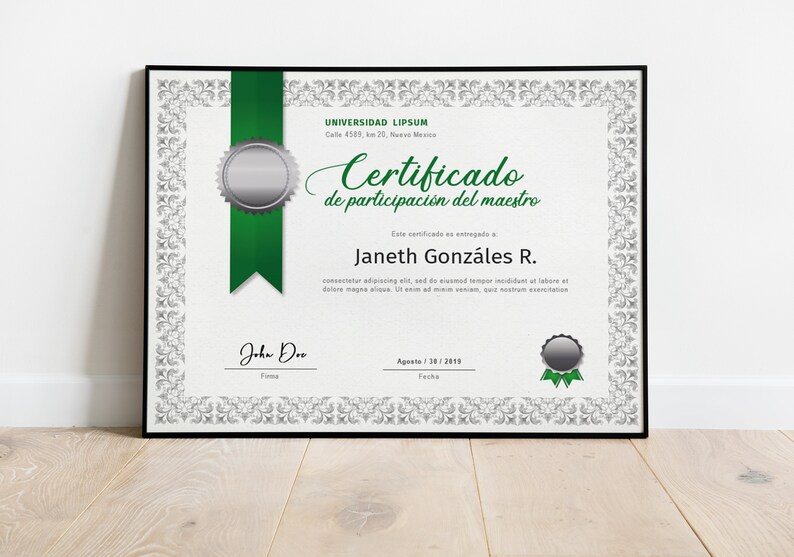 May include: A green and silver certificate of participation for Janeth Gonz&aacute;les R. from Universidad Lipsun. The certificate is dated August 20, 2019.