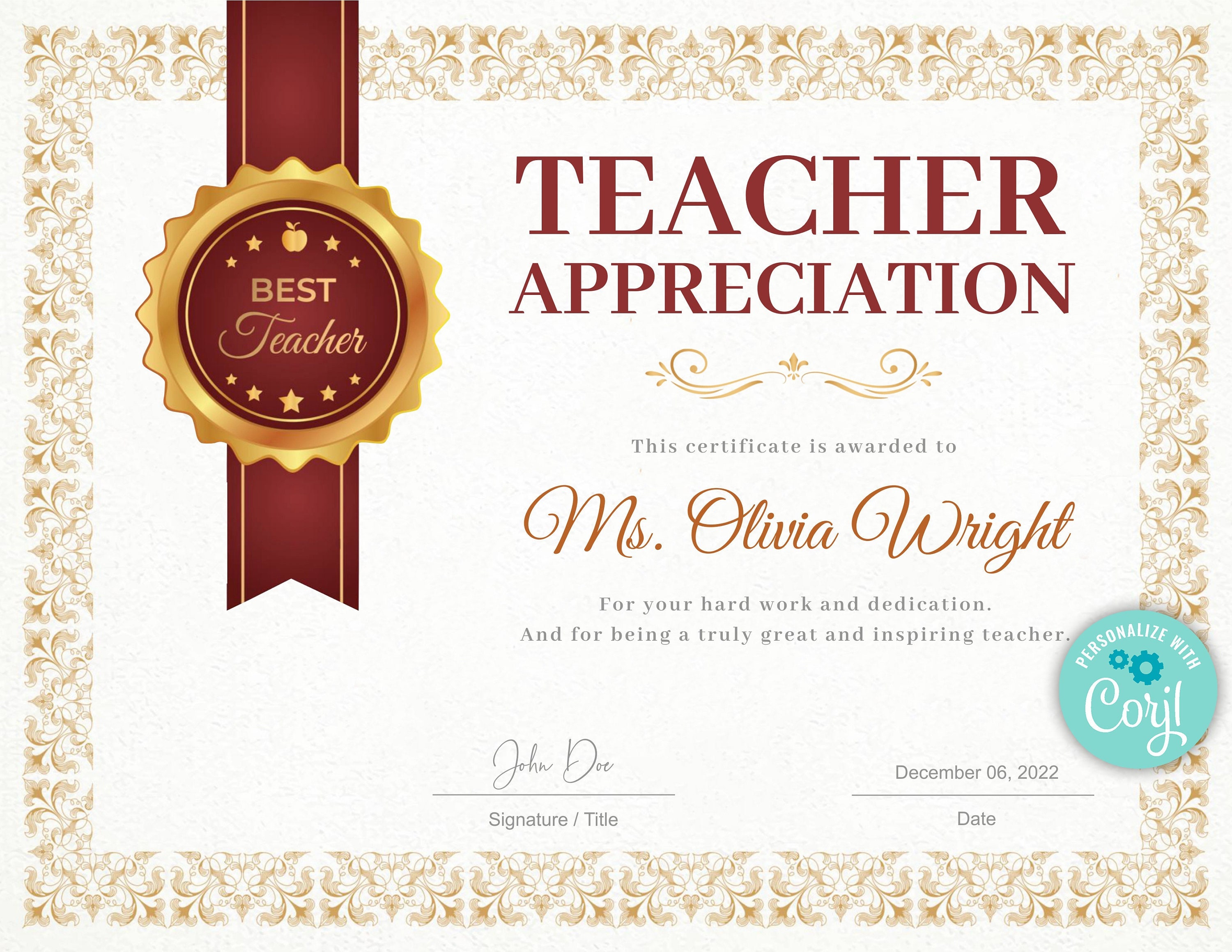 Teacher Appreciation Award Certificate Template Teacher Gift Etsy India