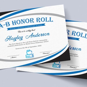 Blue Black AB Honor Roll Certificate, DIY School Award Certificate Template, Certificate for Student, Instant Download