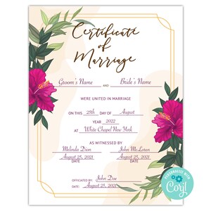 Marriage Certificate Hibiscus | Marriage Certificate with Hibiscus Design | Wedding Certificate Template | Marriage Certificates Floral |