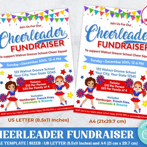 May include: An editable template for a cheerleader fundraiser flyer. The flyer is decorated with colourful confetti and a banner. It includes the text "Cheerleader Fundraiser" and details about the event, including the date, time, location, and ticket prices. The flyer also includes a picture of two cheerleaders with pom-poms.