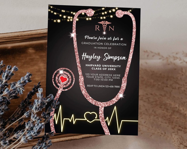 Editable Nurse Graduation Invitation Black and Rose Gold, Nursing Grad Invite Template, Graduation Party Invitation, Paperless Post