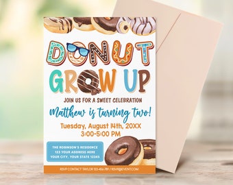 Donut Grow Up Birthday Invitation Boy, Donut Themed Birthday Invite, Any Age Donut Party Invitation, Instant Download