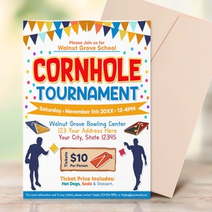 Cornhole Tournament Flyer, Cornhole Flyer Template, Backyard Sports, PTO PTA Church School Charity Event Invite
