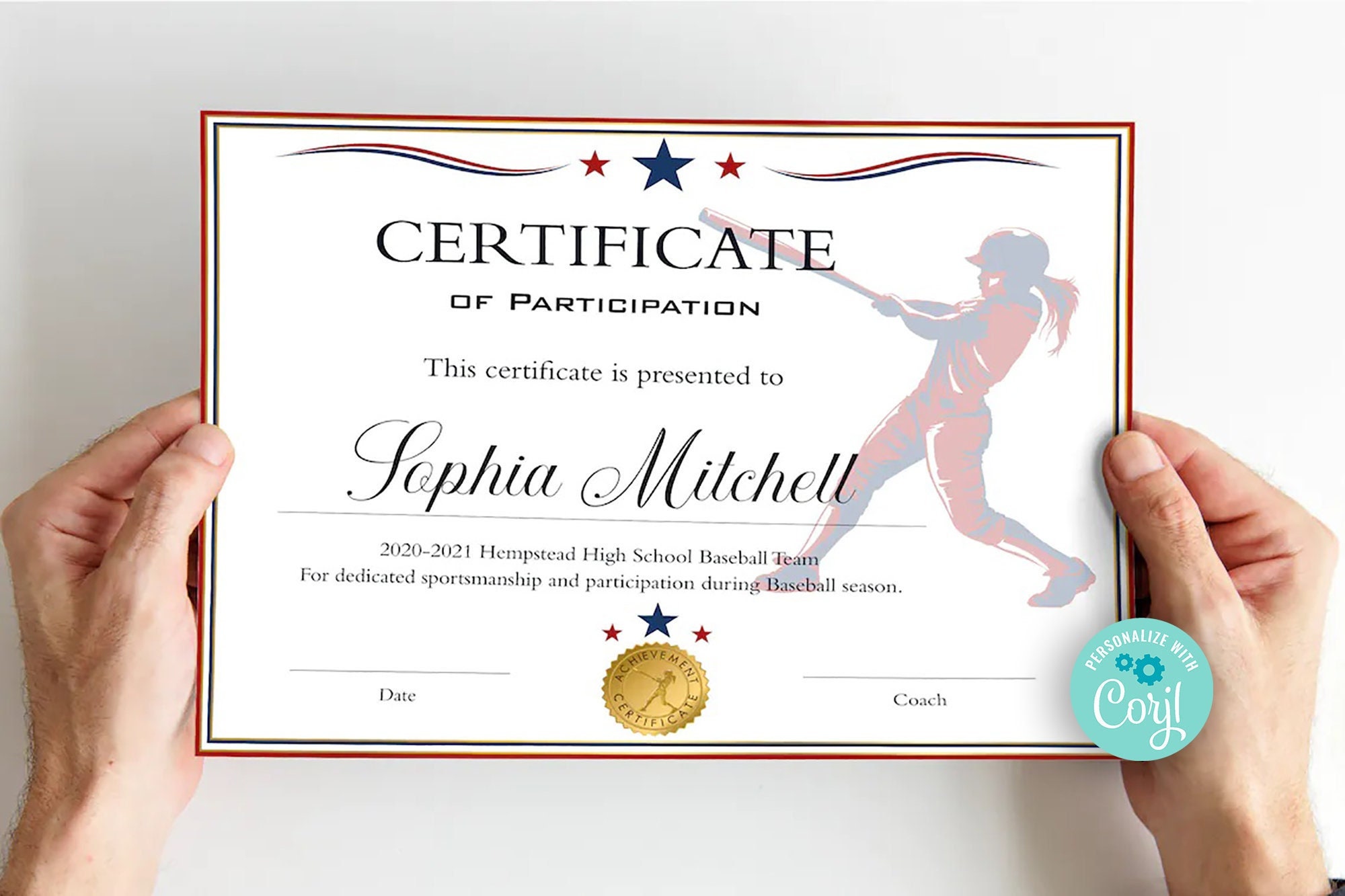 Girls Softball Certificate Template, Red White Baseball Certificate of Participation Award, Girls Sports Award, Female Sports Awards