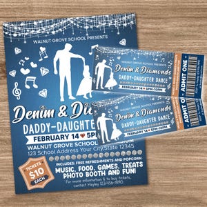 Editable Denim and Diamonds Daddy Daughter Dance Fundraiser Flyer and Ticket Bundle Template, Blue Jeans and Bling Theme,