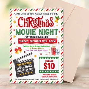Christmas Movie Night Flyer, Holiday Cinema Party Invitation, Xmas School Church Benefit Fundraiser Event Poster, PTA PTO Flyer