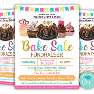 May include: Flyers for a bake sale fundraiser, featuring illustrations of cupcakes and a chocolate cake. The text reads "Bake Sale Fundraiser" with the date, time, and location of the event.