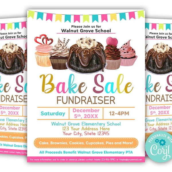 EDITABLE Bake Sale Flyer, Printable , PTO PTA Flyers, School Family Fundraiser Template, Bakery Restaurant, Bake Sale Fundraiser Event