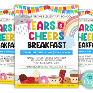 EDITABLE Tears and Cheers Breakfast Invitation, Back To School PTA PTO Breakfast Invite, School Fundraiser Poster