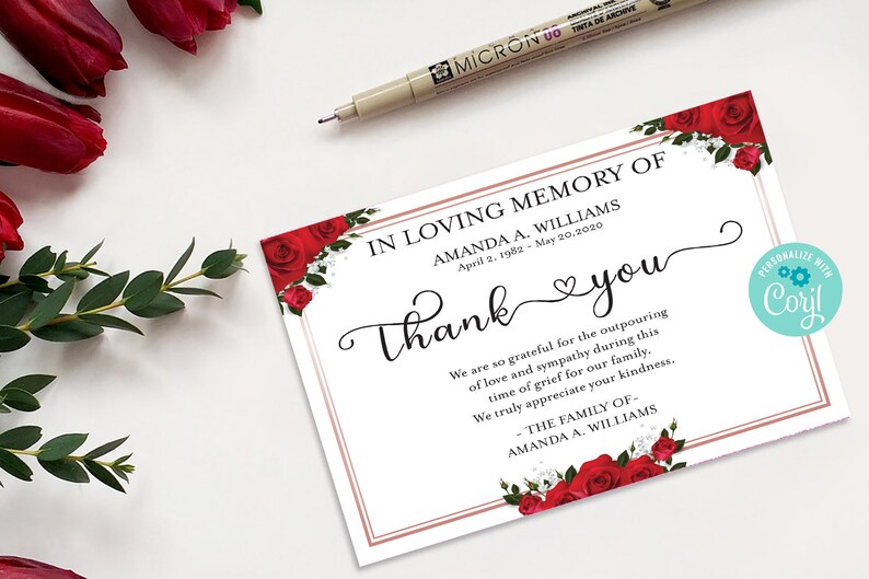 Sympathy Thank You Card, Red Rose Funeral Thank You Card Template ...