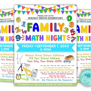 Editable Family Math Night Flyer, PTO PTA Family School Flyer, Math Literacy School Fundraiser Template, Digital Printable