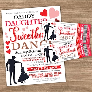 Editable Daddy Daughter Sweetheart Dance Flyer and Ticket Bundle | School Valentine's Dance Invite Ticket | Heart Day Dance Template