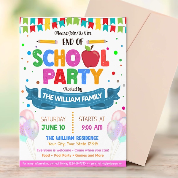 End of School Party Invitation, Last Day Of School Party Invite, Teacher Classroom Party Bash, Summer Vacation Party Invitation