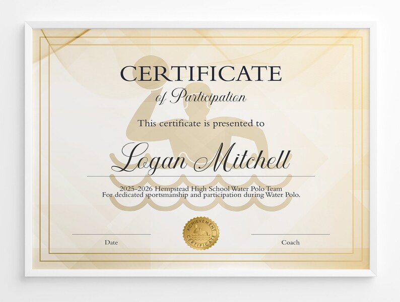 Editable Water Polo Certificate Template Water Polo - Etsy