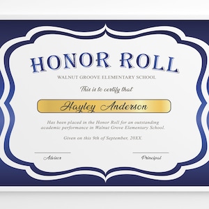 Editable Honor Roll Certificate Template, Royal Blue School Award Printable Award, Elementary High School Award, Certificate Download image 1