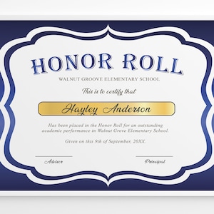 Editable Honor Roll Certificate Template, Royal Blue School Award Printable Award, Elementary High School Award, Certificate Download