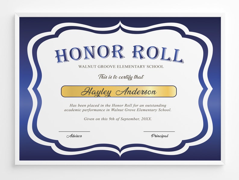 Editable Honor Roll Certificate Template, Royal Blue School Award Printable Award, Elementary High School Award, Certificate Download image 1