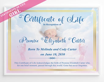 Editable Certificate of Life GIRL, Baby Loss Printable