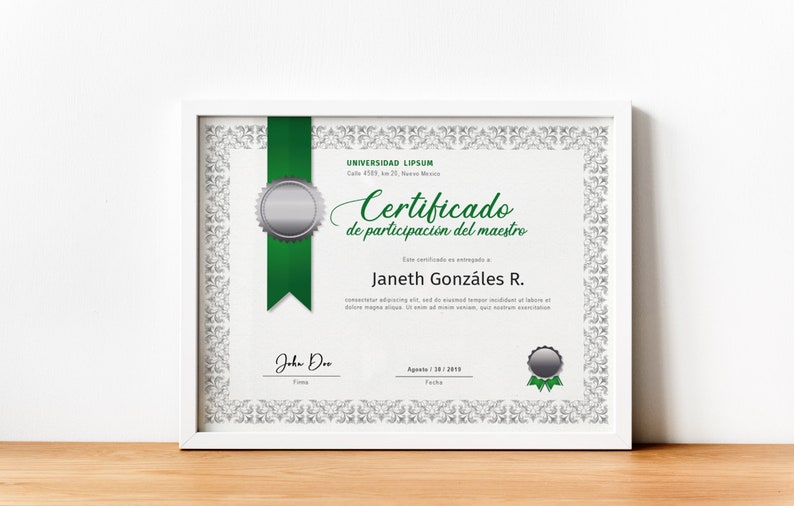 May include: A white framed certificate with a green ribbon and silver seal. The text on the certificate reads "UNIVERSIDAD LIPSUM", "Certificado de participaci&oacute;n del maestro", "Janeth Gonz&aacute;les R.", "John Doe", and "Agosto / 31 / 2018".