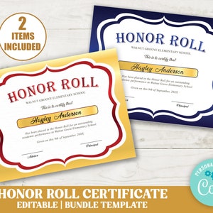 Customizable Honor Roll Award Certificate Beige and Blue Bundle Set of 2, DIY Student Award Certificate, School Achievement Template