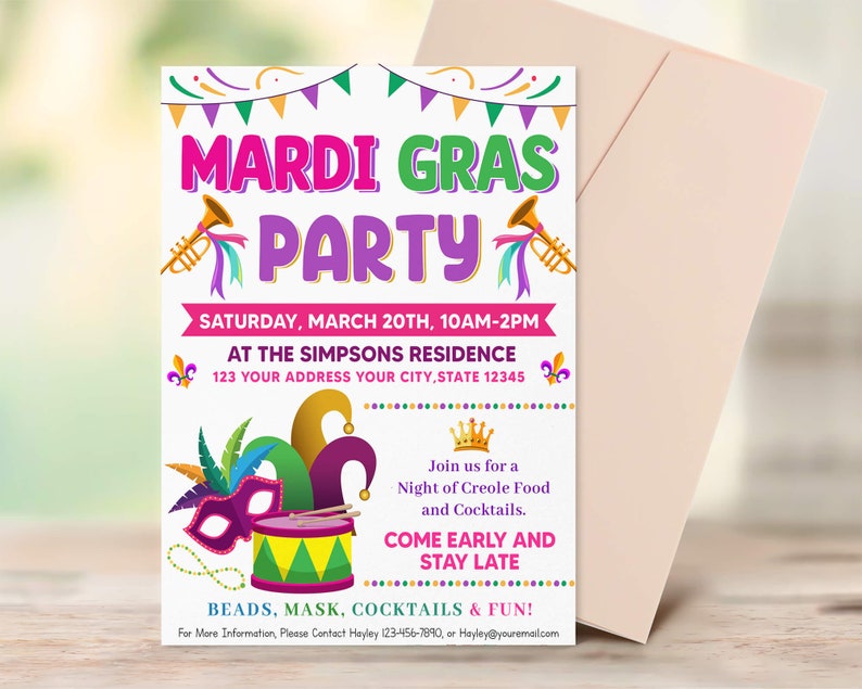 Mardi Gras Party Flyer Template, Editable Mardi Gras Celebration Invite