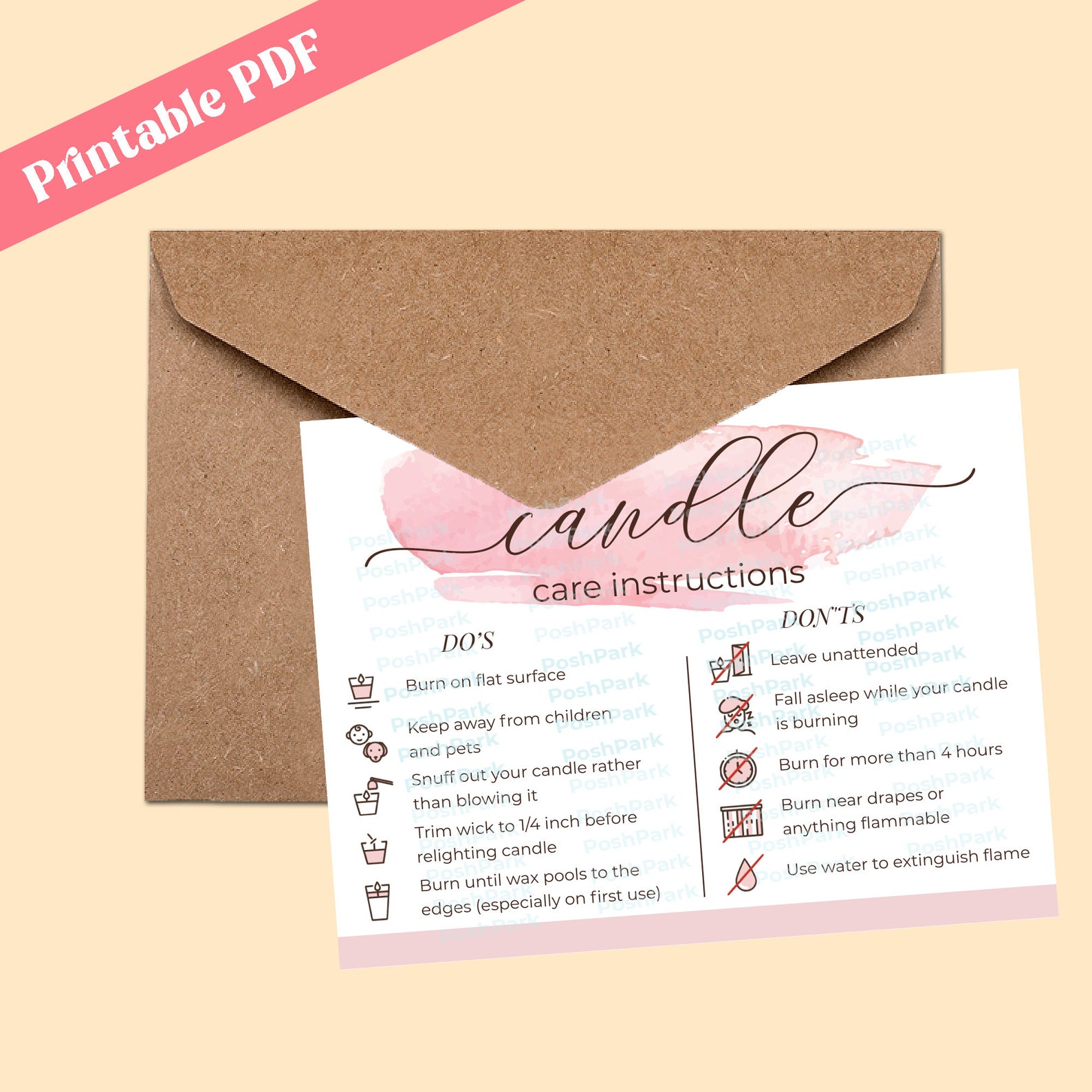 Printable PDF Candle Care Card, Pink Watercolor Candle Care Printable ...