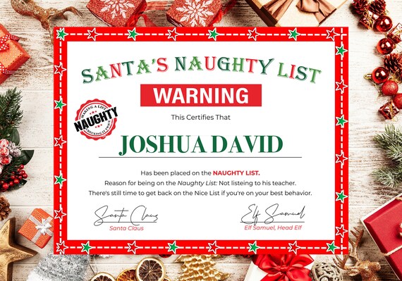 Downloadable Naughty List Warning, Santa Naughty List Certificate Template, Red Stars Santa Warning Letter Certificate Il_570xn