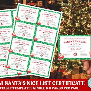Mini Nice List Certificate Printable, Santa Certificate, Card Size Christmas Nice List Certificate,  Mini Green Santa Printable for Kids