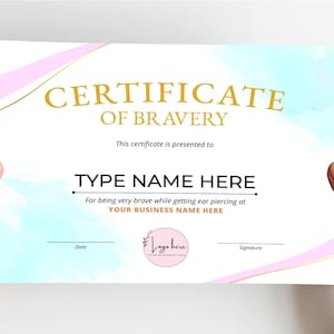 Certificate of Bravery, Editable Bravery Award Certificate Template for Being Brave, Instant Download